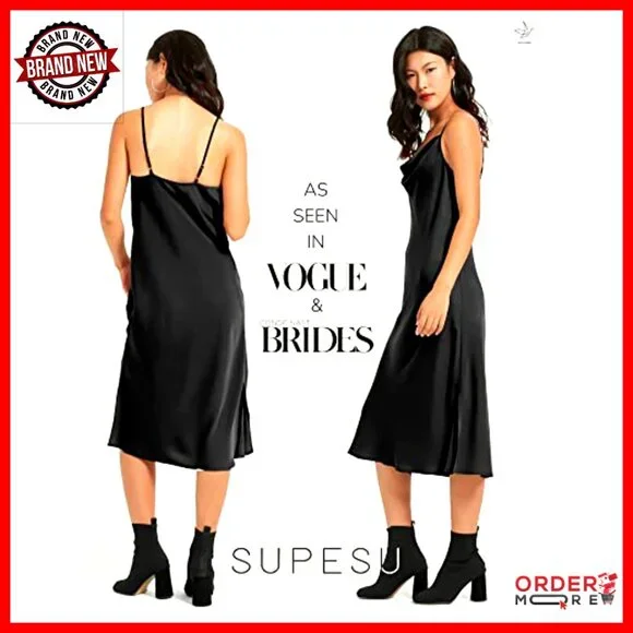 Satin Midi Slip Dress Silky Cowl Neck Adjustable Straps Elegant Formal Wear - Picture 2 of 7